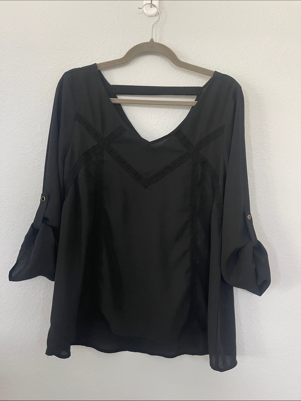 Monteau Black V-Neck Crochet Trim Roll Tab Sleeve Blouse Top